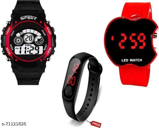 A1C BLACK LED BAND & 7 LIGHT RED   CUT UNISEX  WATCHES COMBO SET OF 3