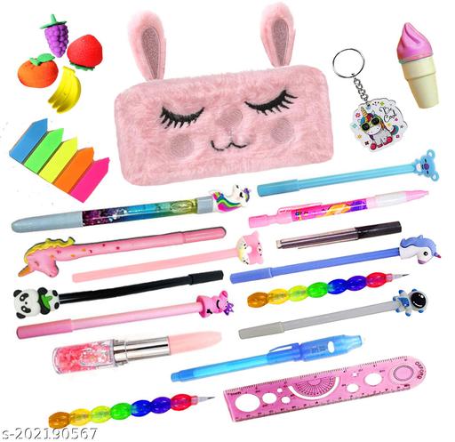 23pcs Complete Stationery Gift Set with Bunny Fur Cute Pencil Pouch Designer Fancy Pen Pencil Eraser Unicorn Return Gift Party Favor Gift, Christmas Gift. Diwali Gift New Year Gift for Girls